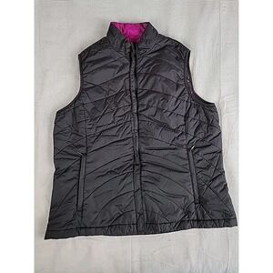 Lands' End Puffer Vest Womens Large 14-16 Black Pink Quilted Full Zip Mock Neck